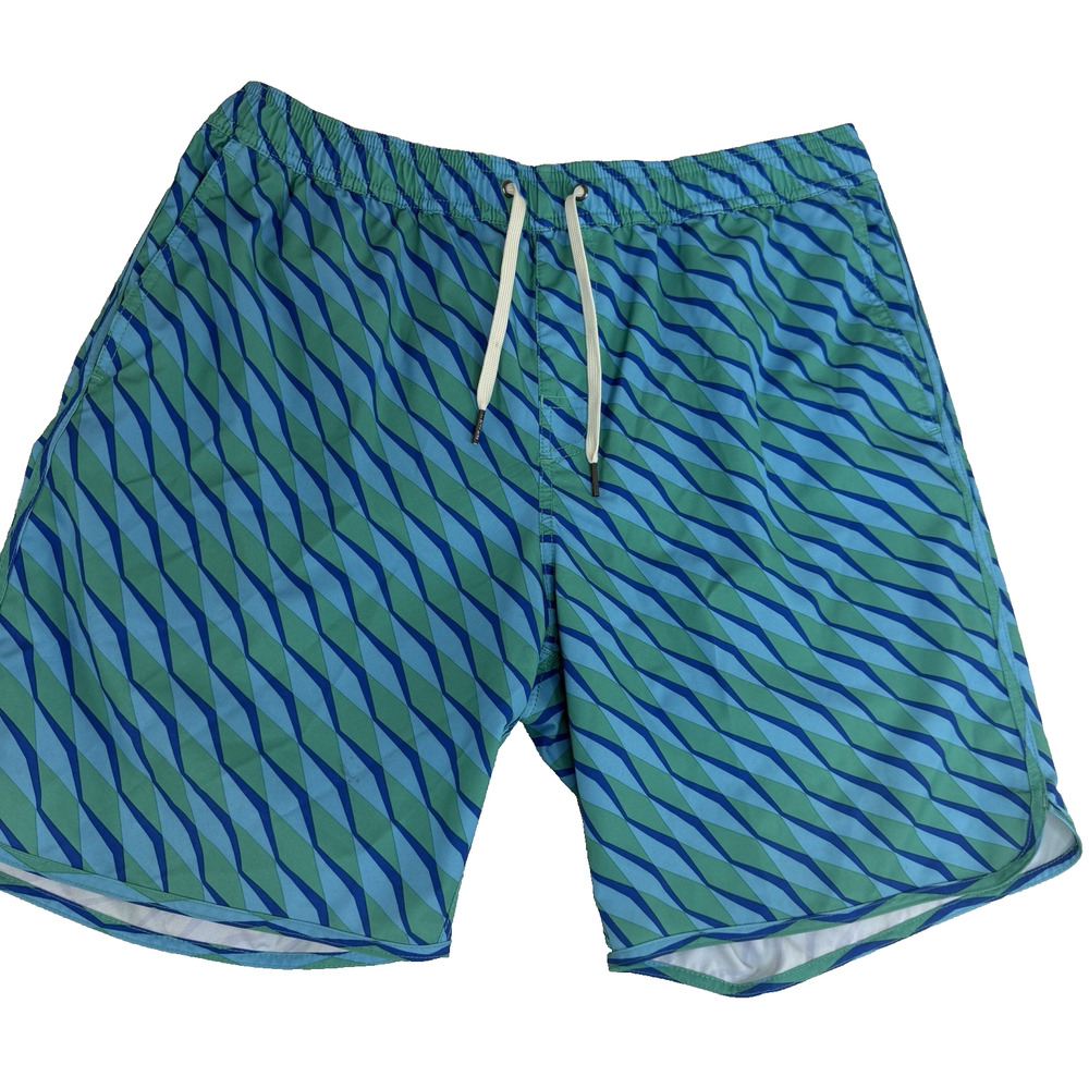 Fair Harbor Men's Lined Swim‎ Trunks Sz XL Blue Green Geometric Diamond Bungalow